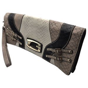 Vintage Guess Y2K Faux Snakeskin Wristlet Clutch Purse Buckle Detail Rhinestones